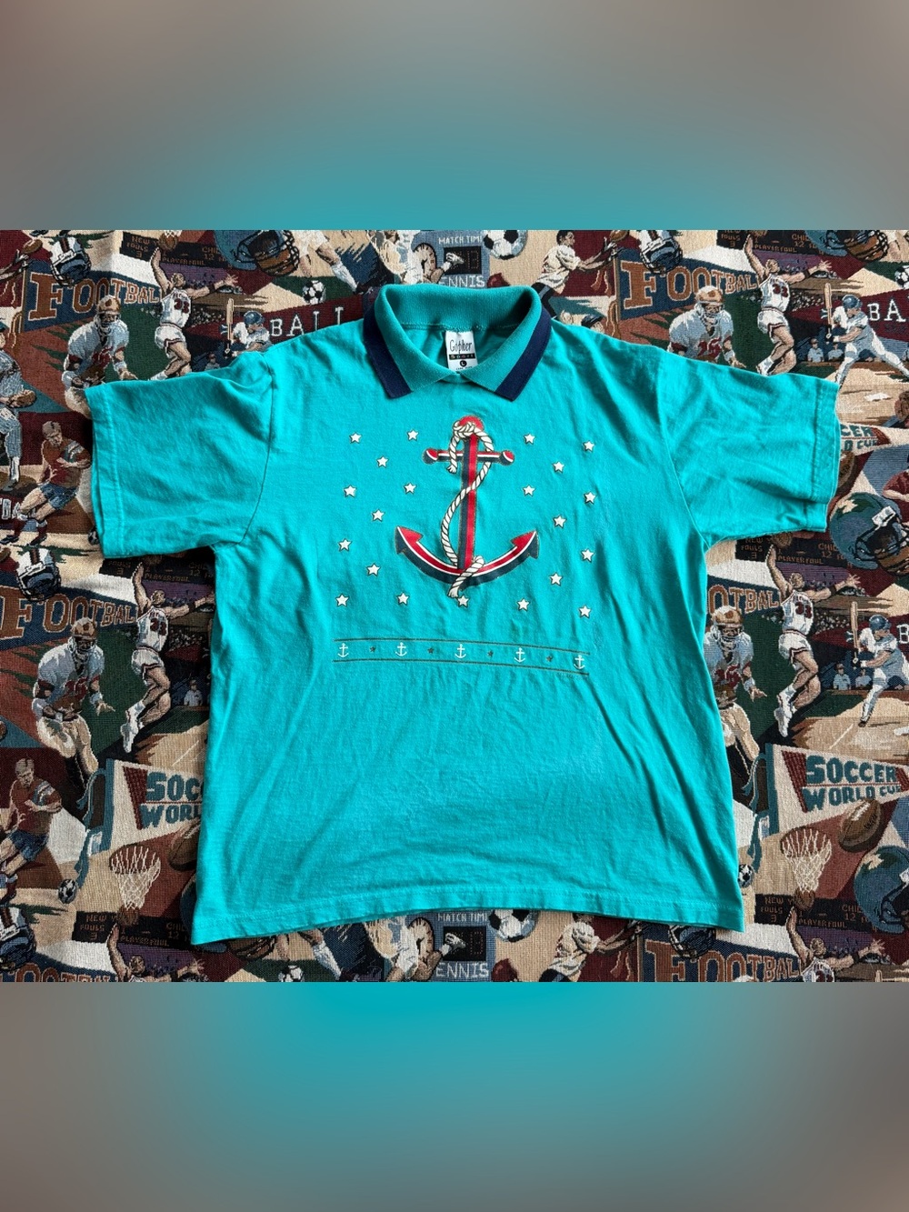 Vintage 90s Women’s Gopher Sport Nautical Anchor Teal Graphic Polo Shirt